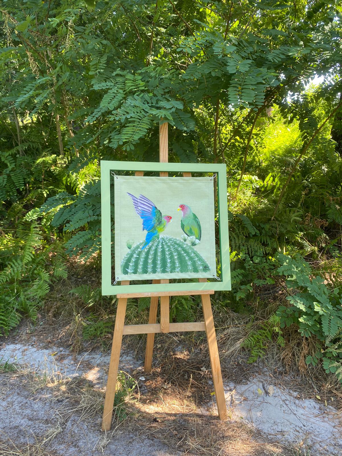 Perruches discutant sur un cactus - Peinture sur toile nautique | Audrey Beauduc – Image 2