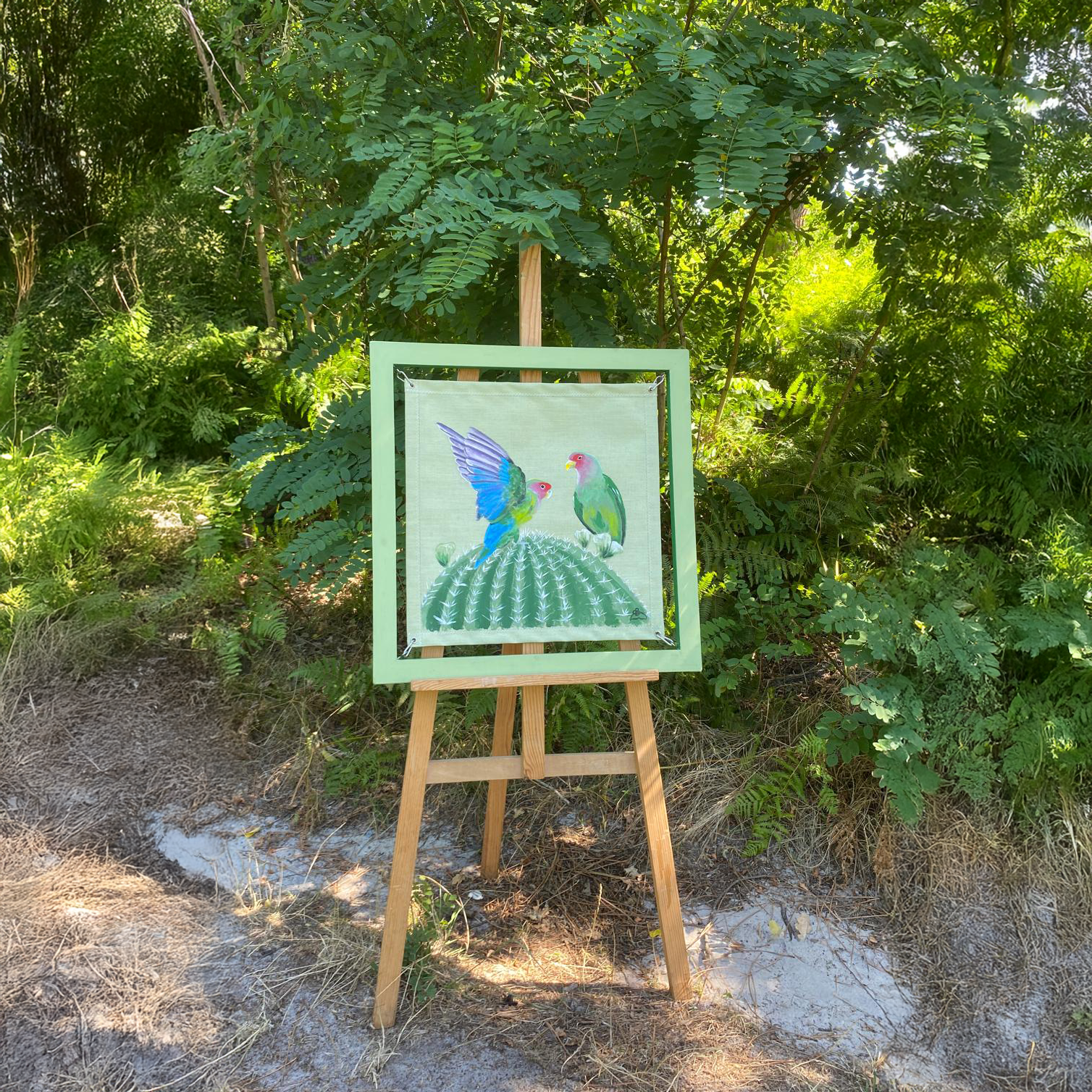 Perruches discutant sur un cactus - Peinture sur toile nautique | Audrey Beauduc
